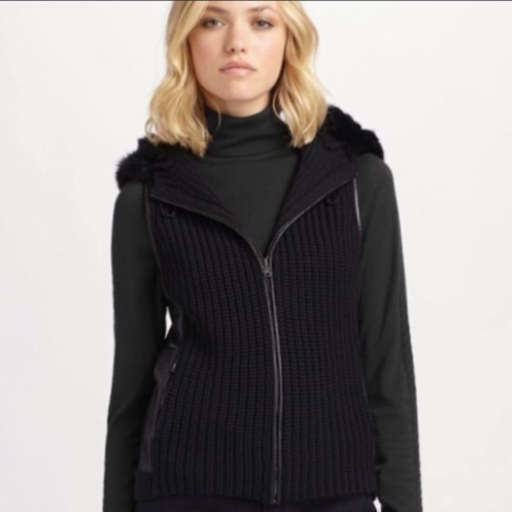 Elie Tahari Wool/Rabbit Fur Zip Up Hoodie Vest S